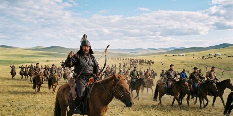 Em 1206, uma grande assembleia reconheceu sua liderança e lhe atribuiu o título de Gêngis Khan, marco normalmente utilizado para indicar a fundação do Império Mongol. // Imagem ilustrativa gerada por IA para representar a situação descrita no texto; pessoas, locais e elementos visuais não correspondem necessariamente aos reais // Imagem ilustrativa gerada por IA para representar a situação descrita no texto; pessoas, locais e elementos visuais não correspondem necessariamente aos reais