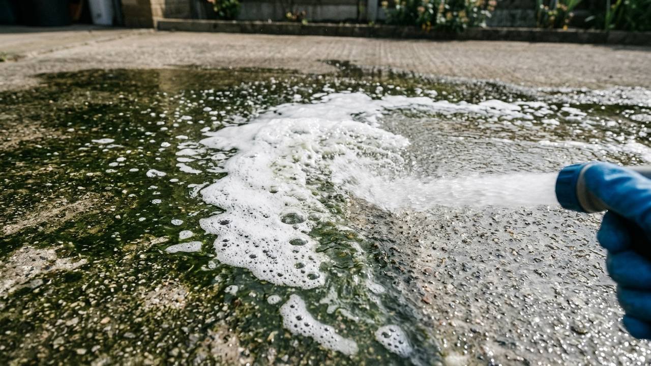 Sem cloro puro, nem esfregão no sol: a mistura barata com sabão em pó que destrói o lodo verde do piso grosso do quintal sem nenhum esforço