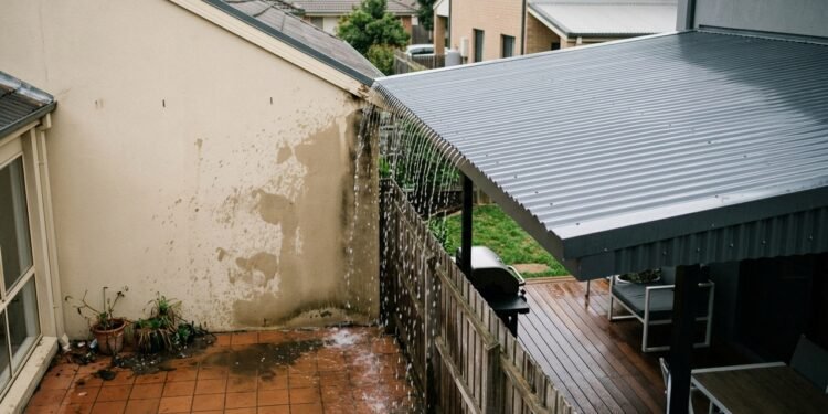 Depois de instalar uma cobertura metálica sobre toda a área dos fundos, o proprietário percebe que a água da chuva passou a cair diretamente no terreno vizinho e recebe cobrança pelos danos causados na parede e no piso da casa ao lado