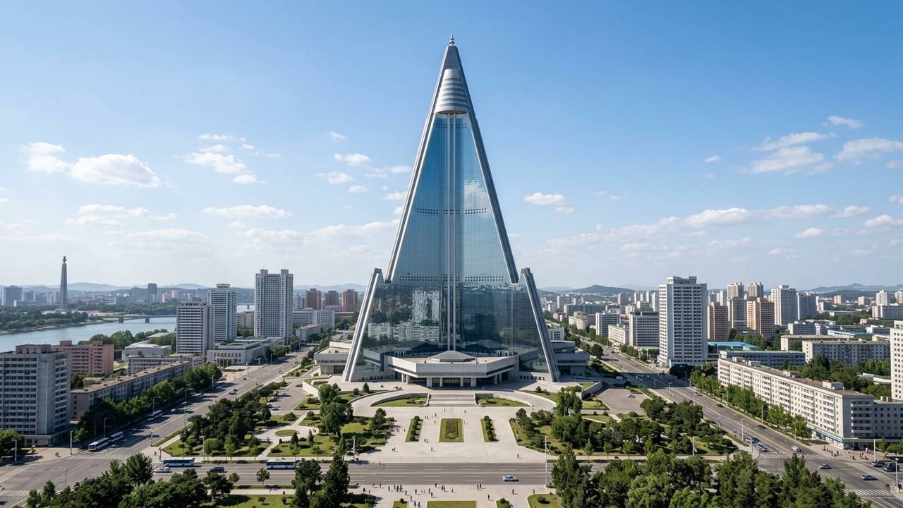 Com 330 metros de altura e 105 andares em formato de pirâmide, o monumental Ryugyong Hotel na Coreia do Norte nunca foi inaugurado