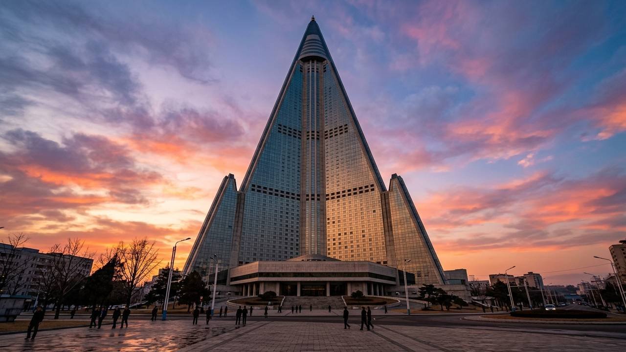 Com 330 metros de altura e 105 andares em formato de pirâmide, o monumental Ryugyong Hotel na Coreia do Norte nunca foi inaugurado
