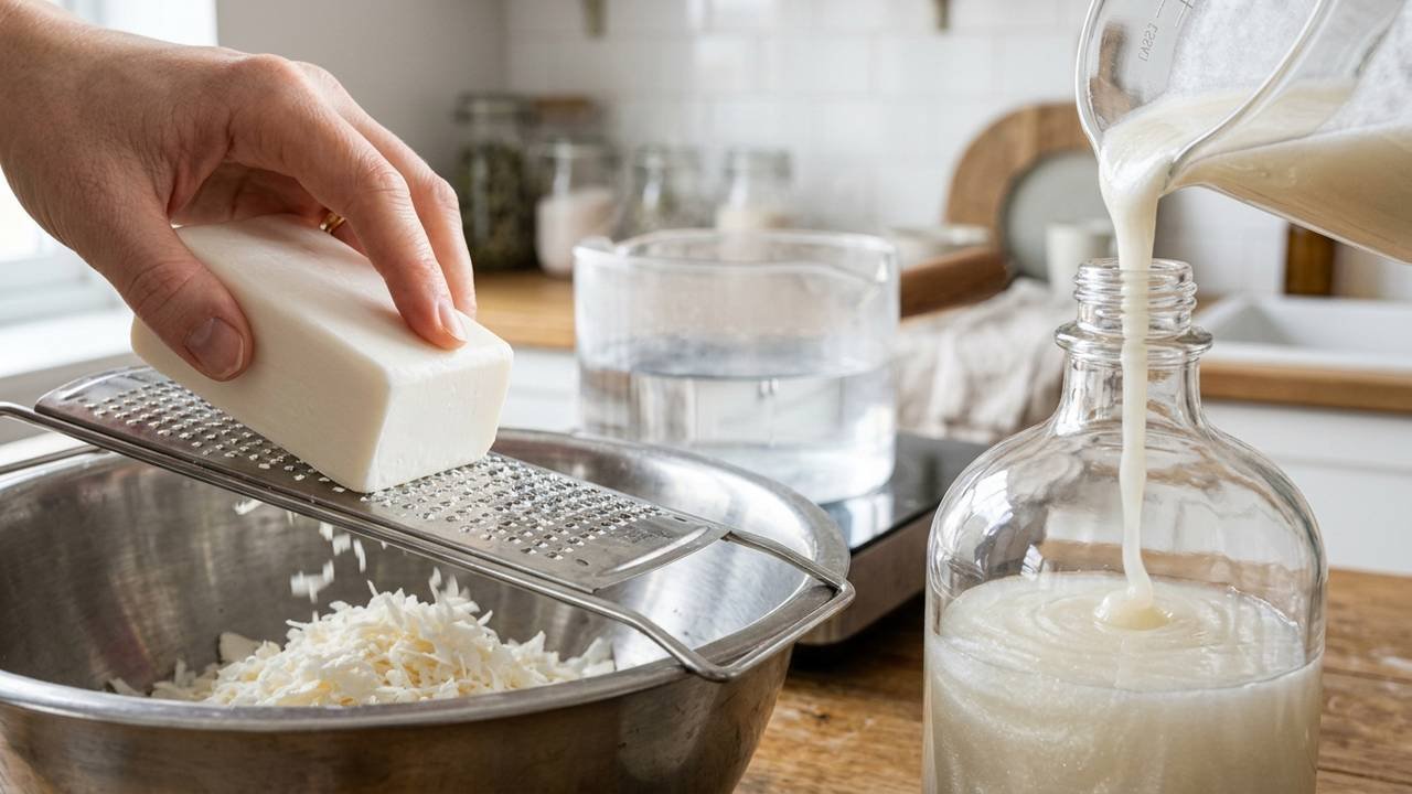 Dissolver sabonete branco ralado em água quente: a receita econômica para fazer 3 litros de sabão líquido perolado gastando apenas uma barra de R$ 3