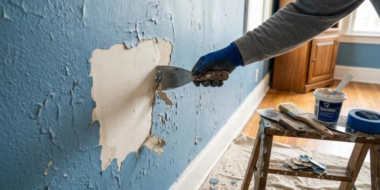 O descascamento pode acontecer por envelhecimento da pintura, má preparação da superfície, excesso de umidade ou infiltração.