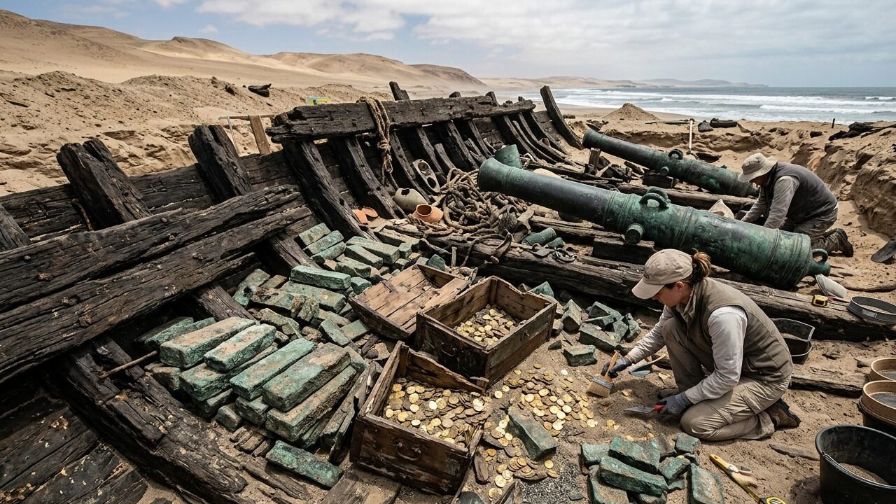 Operários encontraram um tesouro no deserto da Namíbia com mais de 2 mil moedas de ouro após escavadeira atingir navio de 1533