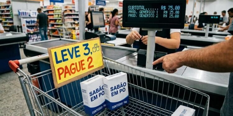 Por isso, a expressão “leve 3, pague 2” não deve ser analisada isoladamente da forma como as regras e eventuais limitações foram apresentadas ao público. // Imagem ilustrativa gerada por IA para representar a situação descrita no texto; pessoas, locais e elementos visuais não correspondem necessariamente aos reais // Imagem ilustrativa gerada por IA para representar a situação descrita no texto; pessoas, locais e elementos visuais não correspondem necessariamente aos reais