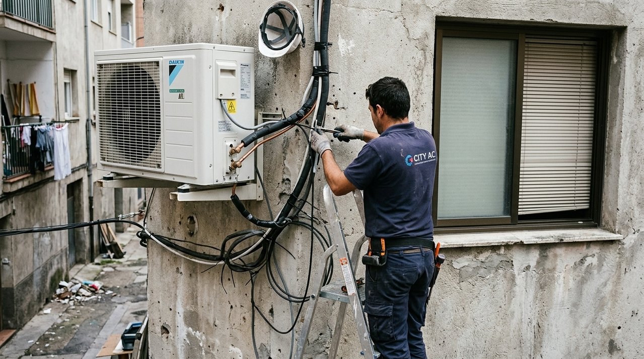 Vizinho instala aparelho de ar-condicionado voltado diretamente para a janela do apartamento ao lado e, além do barulho durante a madrugada, água do equipamento começa a escorrer pela fachada e atingir a unidade inferior