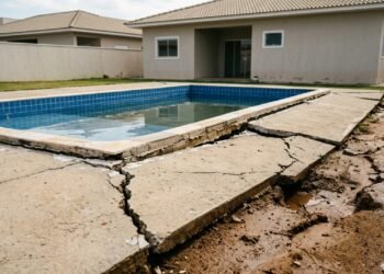 Família contrata empresa para construir piscina por R$ 90 mil, obra é concluída e, após as primeiras chuvas fortes, o terreno cede e surgem rachaduras próximas à casa