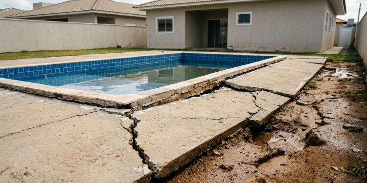 Família contrata empresa para construir piscina por R$ 90 mil, obra é concluída e, após as primeiras chuvas fortes, o terreno cede e surgem rachaduras próximas à casa