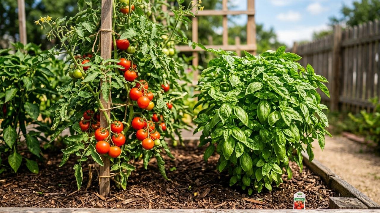 Moradora planta manjericão ao lado do tomateiro na primeira horta orgânica da casa e descobre por que plantas companheiras ganharam tanto espaço entre quem cultiva em pequenos canteiros