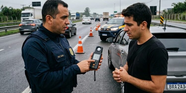 Ao retornar de uma viagem noturna, Tiago foi abordado em uma operação de fiscalização de trânsito montada em uma rodovia estadual com iluminação precária.