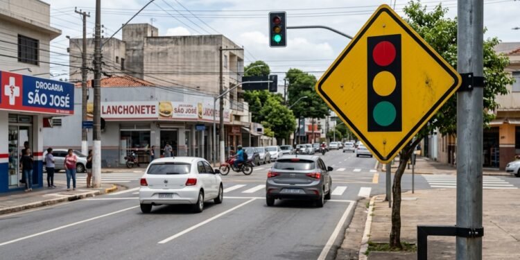 Segundo o Manual Brasileiro de Sinalização de Trânsito — Volume II, o sinal A-14 adverte o condutor sobre a existência de uma sinalização semafórica mais à frente.