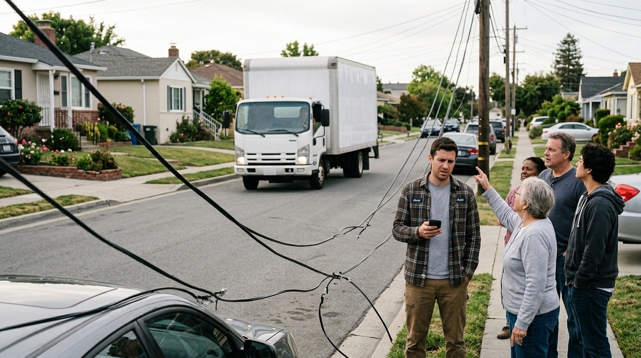 Caminhão derruba cabos ao passar por rua residencial e moradores ficam sem internet e telefone justamente durante dia de trabalho remoto e aulas online