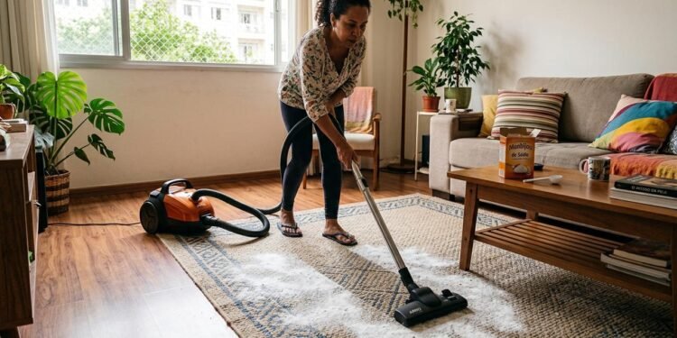 Em tapetes e carpetes, o bicarbonato pode ser usado para ajudar a reduzir cheiros acumulados entre limpezas mais profundas.