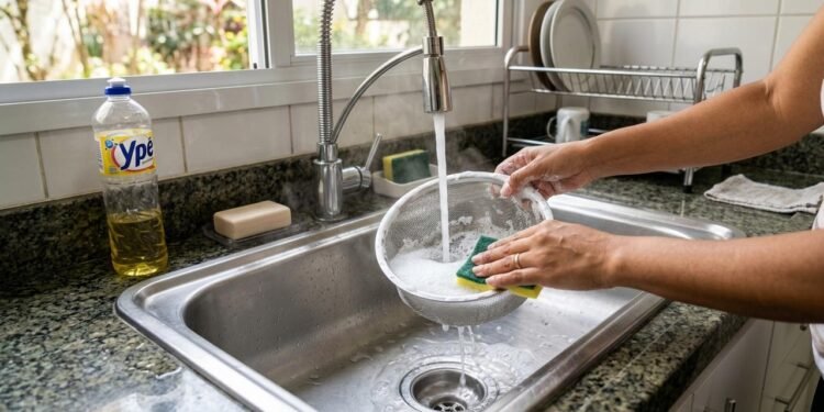 Retire a grade, o cestinho ou qualquer peça removível do ralo e lave tudo com água morna e detergente.