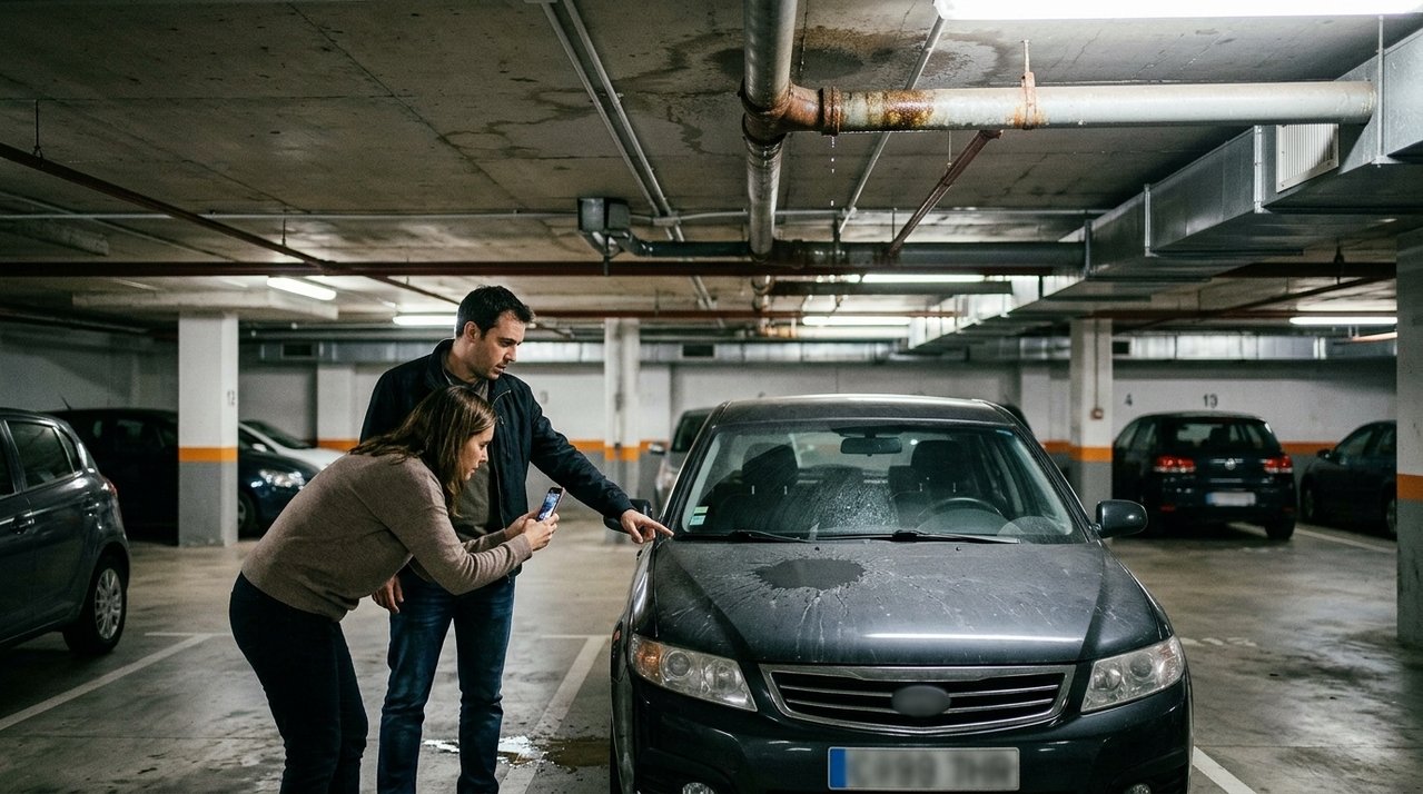 Família compra apartamento com vaga coberta e descobre depois da mudança que canos instalados sobre o espaço começam a pingar água e danificar a pintura do carro