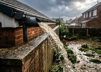 Calha que despeja água da chuva no imóvel vizinho
