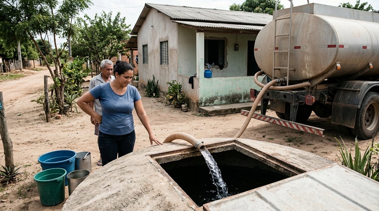Família contrata caminhão-pipa para encher cisterna depois de semanas sem abastecimento e percebe horas depois cheiro e coloração diferentes na água entregue