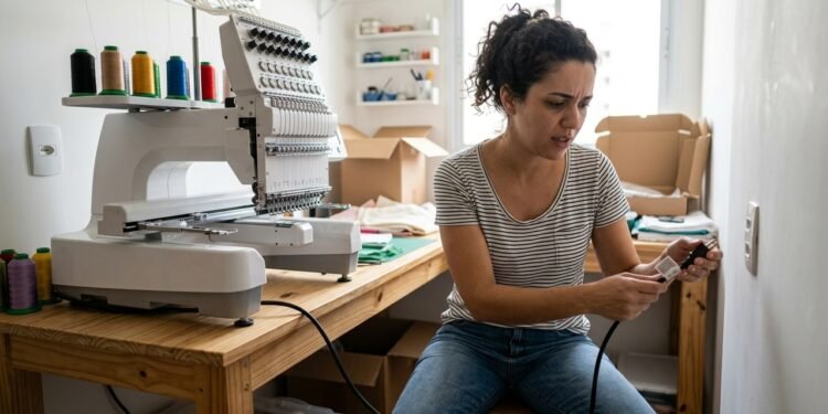 Mulher paga R$ 13 mil por máquina profissional de bordado para começar pequeno negócio, mas equipamento chega configurado para tensão elétrica diferente da disponível no imóvel