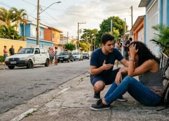 Família instala portão basculante que avança quase 80 centímetros sobre calçada quando abre e pedestre bate a cabeça durante passagem