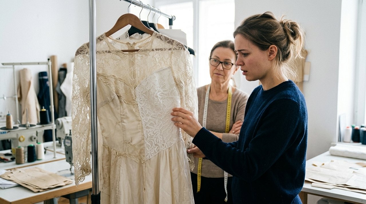 Cliente entrega vestido antigo de família para restauração antes de casamento e recebe a peça com partes do tecido original substituídas sem autorização