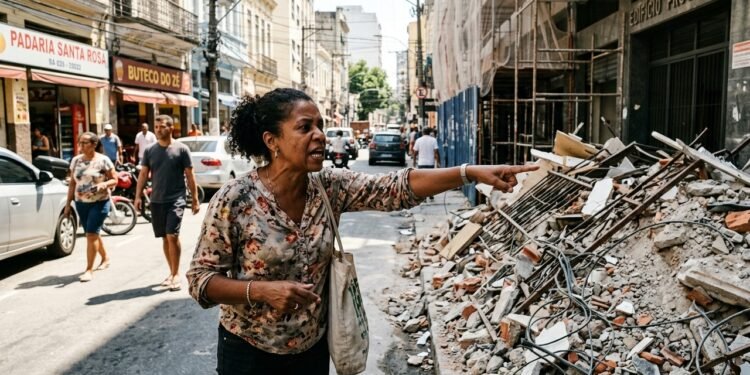 Uma caçamba metálica transbordou rapidamente, espalhando restos de argamassa, tijolos e ferragens sobre o passeio público por dez dias consecutivos sem qualquer recolhimento.