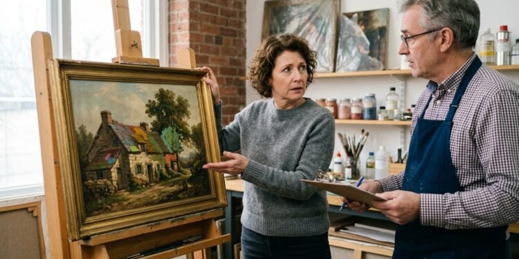 Mulher entrega quadro antigo herdado dos avós para restauração e recebe a obra meses depois com partes da pintura original refeitas, sem que o procedimento tivesse sido combinado