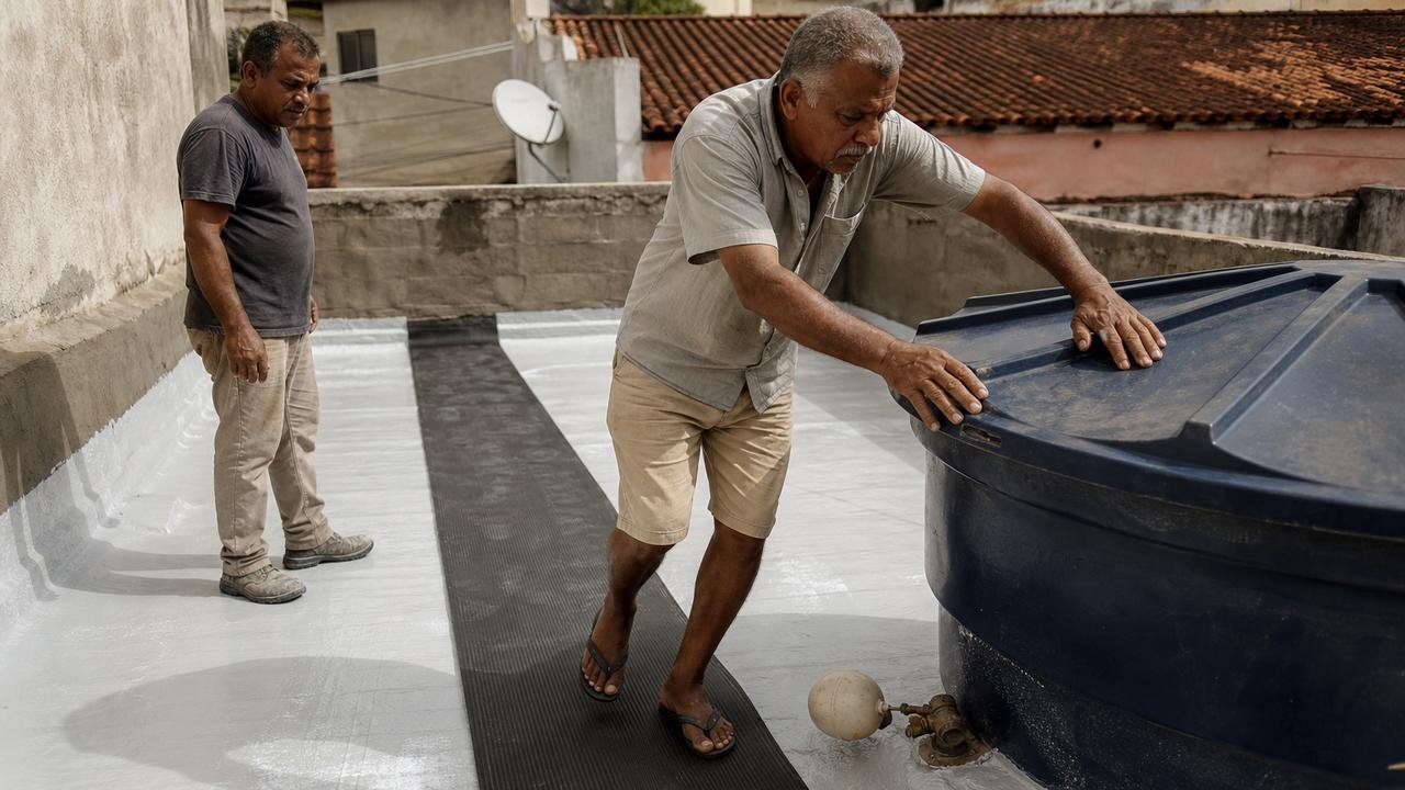 Acesso provisório à caixa-d’água evitou danos após impermeabilização recente da laje.