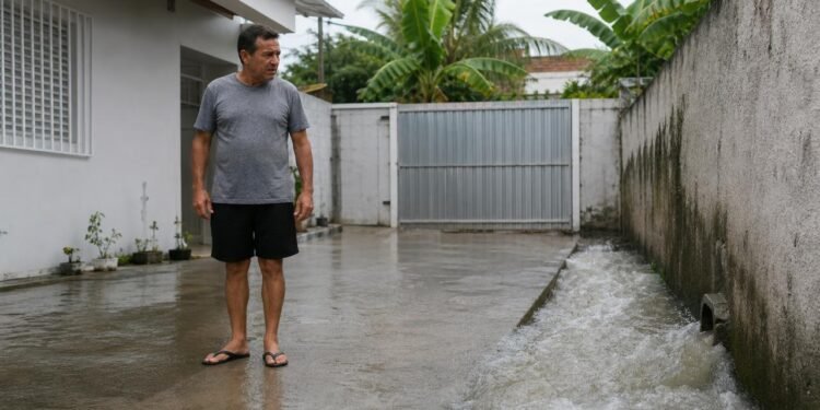 Impermeabilização do quintal pode agravar o escoamento da chuva para o vizinho.