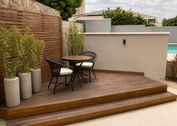 Deck elevado perto do muro pode gerar conflito de privacidade entre vizinhos.