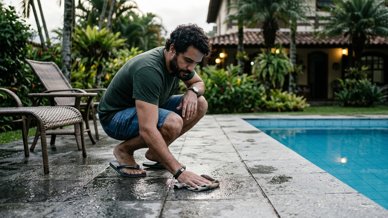 Toda manhã apareciam pequenas poças de água ao redor da piscina, mesmo sem ninguém ter usado. Achei que havia um vazamento até observar um detalhe durante a noite