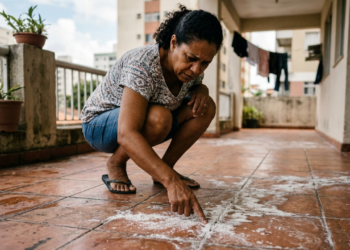 O piso da varanda começou a ficar com manchas brancas que voltavam depois da limpeza. Eu pensava que era sujeira até descobrir de onde elas vinham
