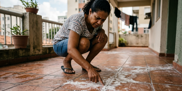 O piso da varanda começou a ficar com manchas brancas que voltavam depois da limpeza. Eu pensava que era sujeira até descobrir de onde elas vinham
