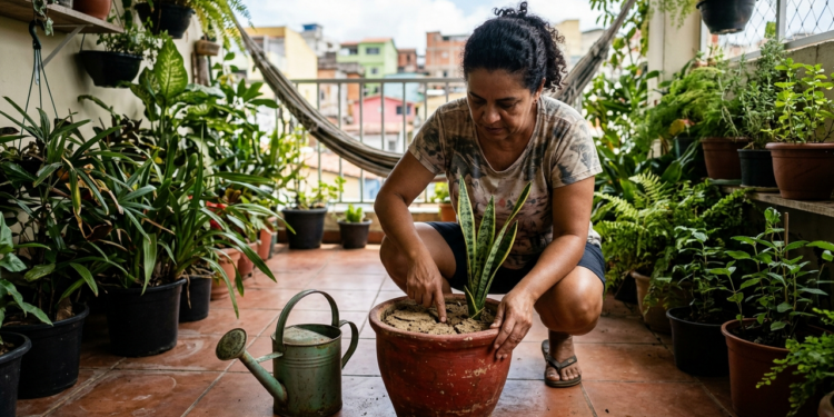 A terra dos meus vasos formava uma camada dura poucos dias depois de regar: colocar mais água estava piorando uma parte do problema