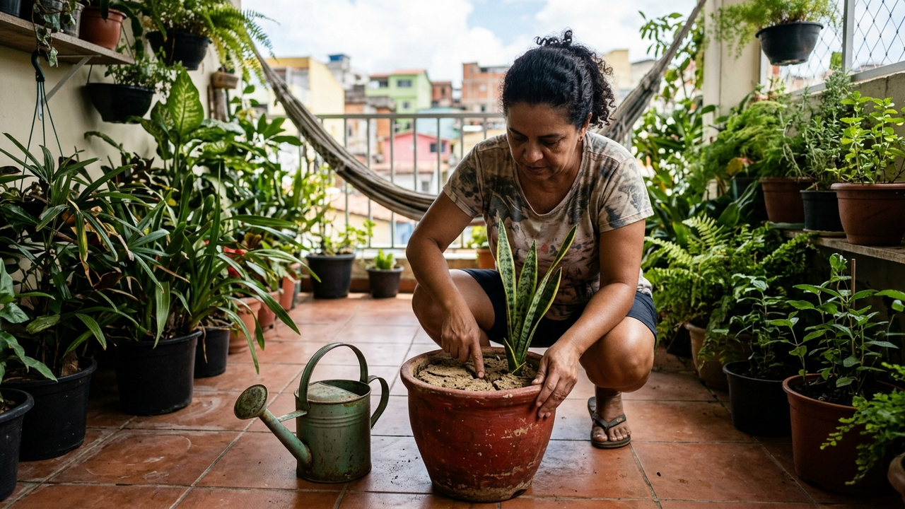 A terra dos meus vasos formava uma camada dura poucos dias depois de regar: colocar mais água estava piorando uma parte do problema