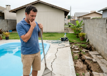 Morador instala piscina de fibra no quintal e, depois da primeira chuva forte, terreno cede e muro do vizinho começa a rachar; orçamento para reparos ultrapassa R$ 80 mil