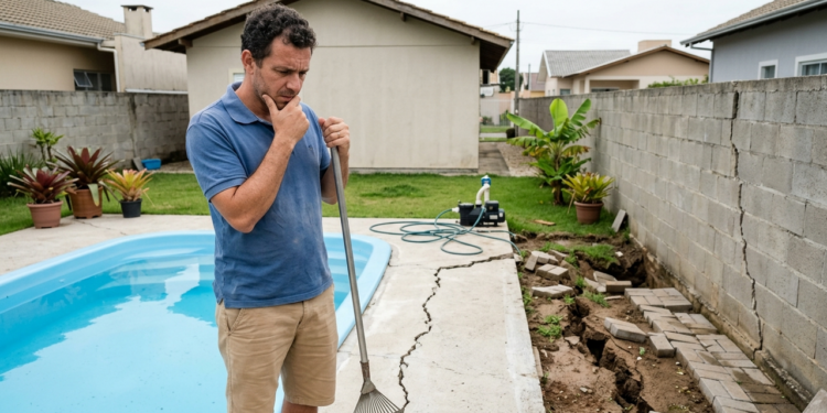 Morador instala piscina de fibra no quintal e, depois da primeira chuva forte, terreno cede e muro do vizinho começa a rachar; orçamento para reparos ultrapassa R$ 80 mil