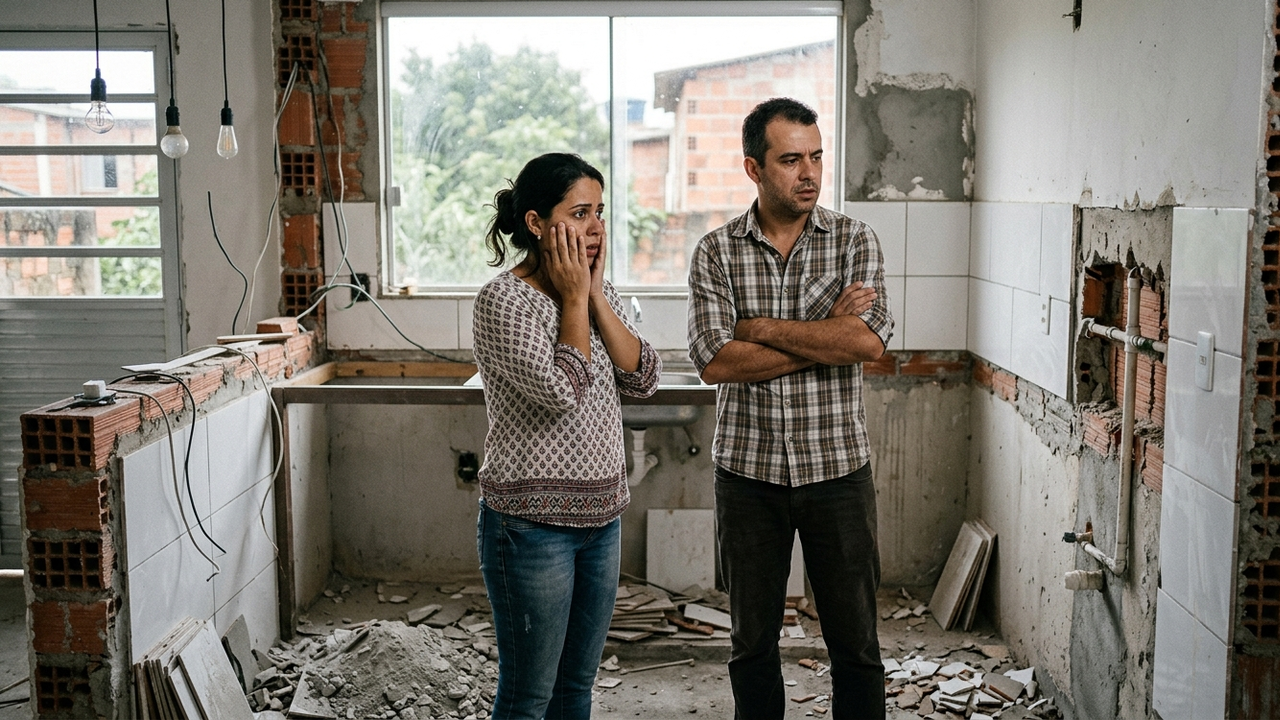 Casal contrata reforma completa por R$ 160 mil, paga 70% antecipadamente e vê a empresa abandonar a obra com cozinha demolida e materiais ainda não entregues