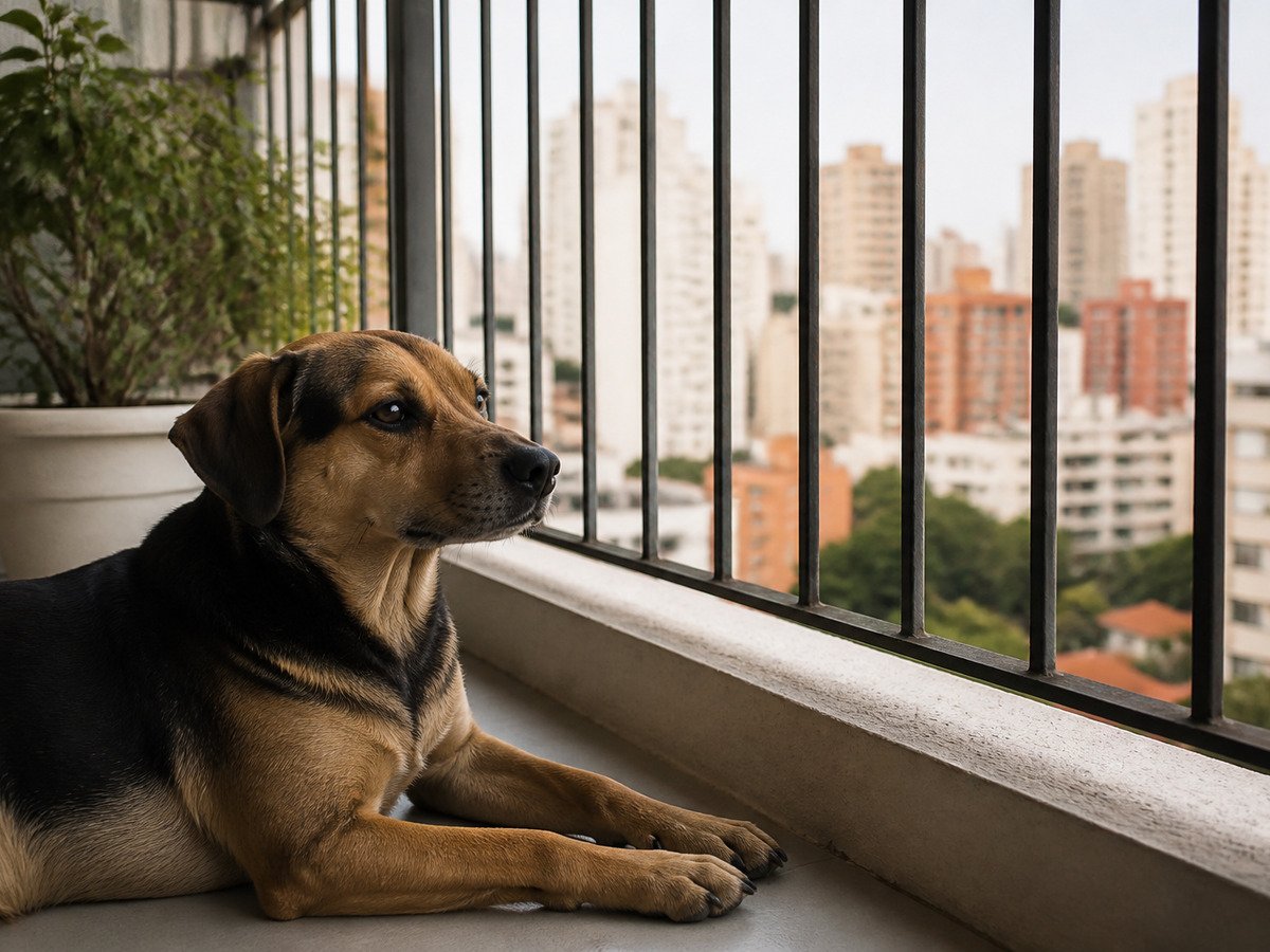 Cachorro tranquilo na sacada do apartamento