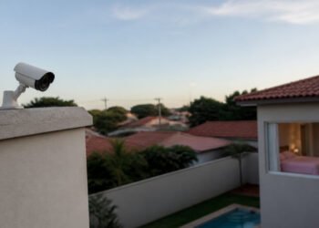 Câmera no muro voltada para a piscina do vizinho