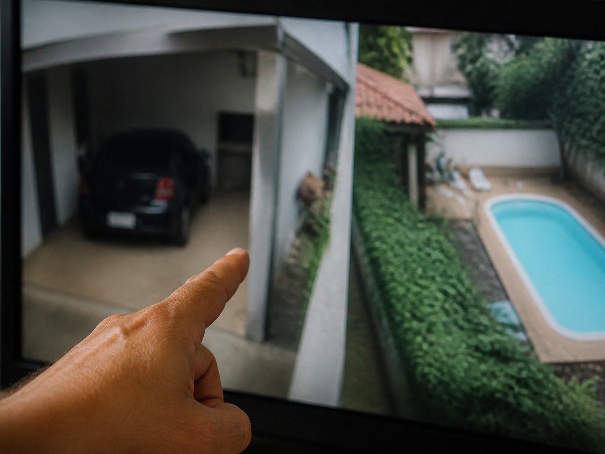 Monitor da câmera mostra a garagem e o quintal ao lado