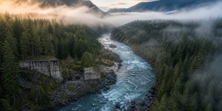 Rio Elwha correndo livre pelo vale após a remoção da barragem