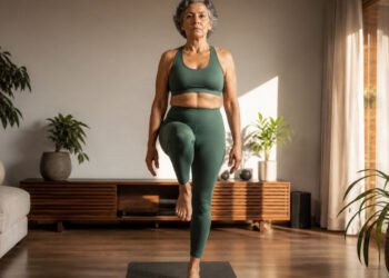 Mulher de 60 anos faz o teste de equilíbrio em um pé só