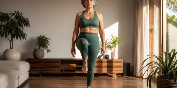 Mulher de 60 anos faz o teste de equilíbrio em um pé só