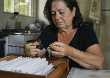 Viúva diante dos documentos que adiou por dois anos