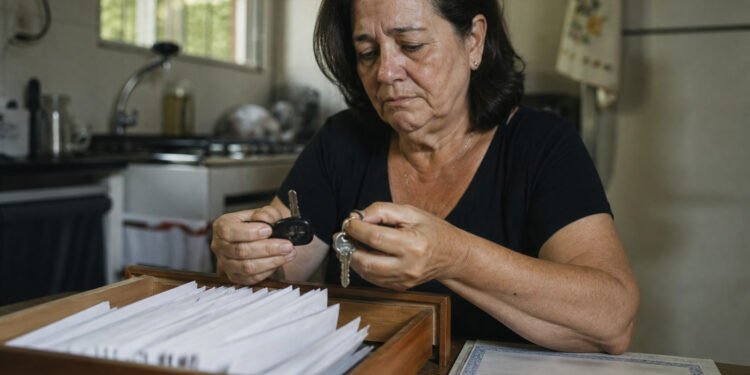 Viúva diante dos documentos que adiou por dois anos