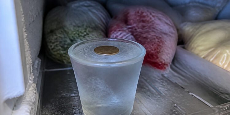 Moeda sobre o copo de água congelada no freezer
