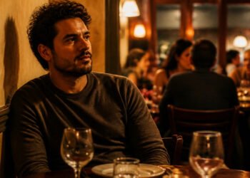 Homem sentado de costas para a parede no restaurante