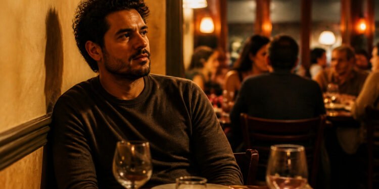 Homem sentado de costas para a parede no restaurante