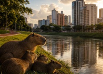 Capivaras à beira do rio em plena cidade
