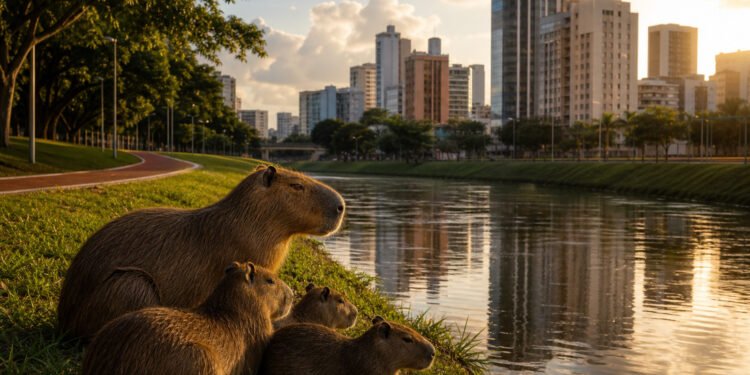 Capivaras à beira do rio em plena cidade